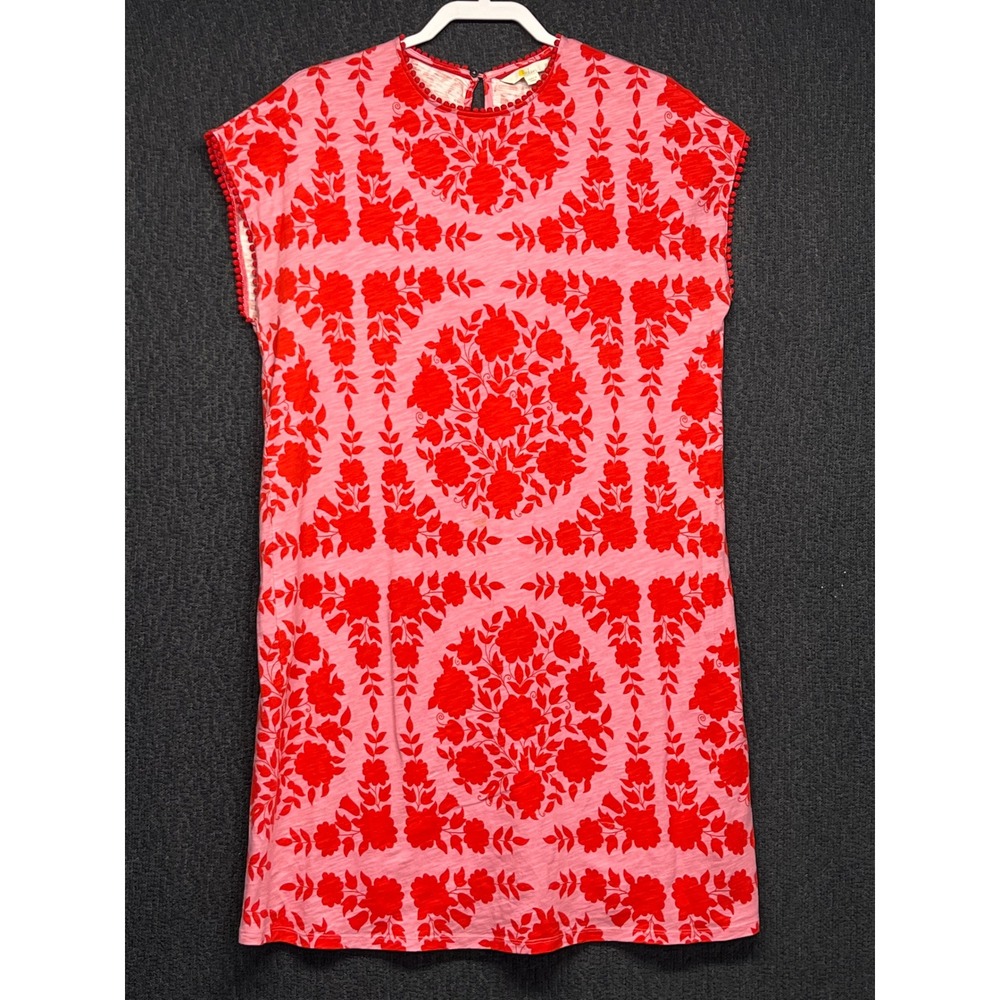 Boden Pink Red Floral Pom Pom Trim Cotton‎ Shift Dress D0182 US 12R